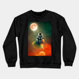 Astronaut sitting on a moon with red clouds in space with moons in the background Crewneck Sweatshirt